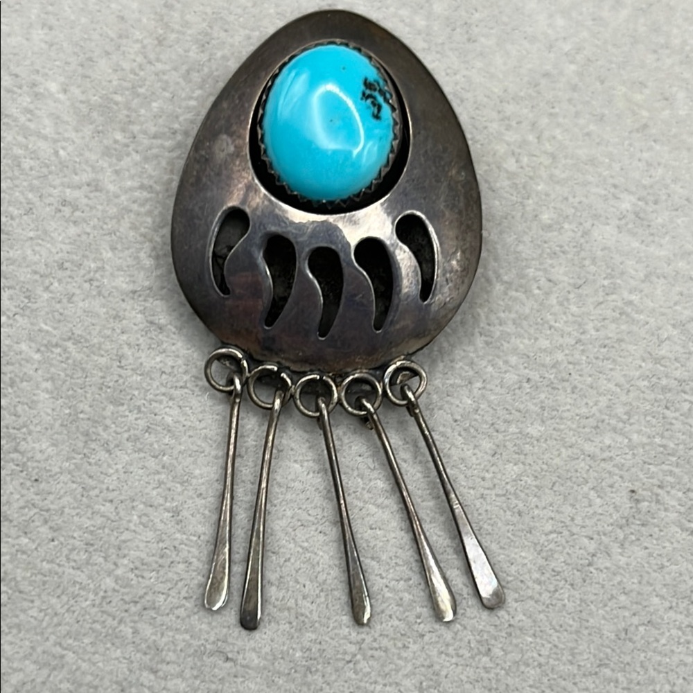 Sterling silver Turquoise Native American bear paw brooch or pendant 1x2 inch
